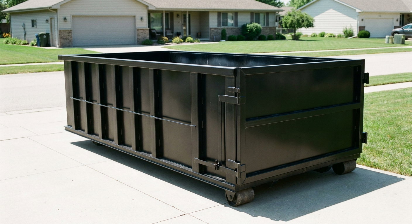 Matte-black 10-yard roll-off dumpster on a residential concrete driveway in Orinda, uniformly painted matte black across every panel and rail, ribbed steel sidewalls and rear swing door visible, mid-day daylight.