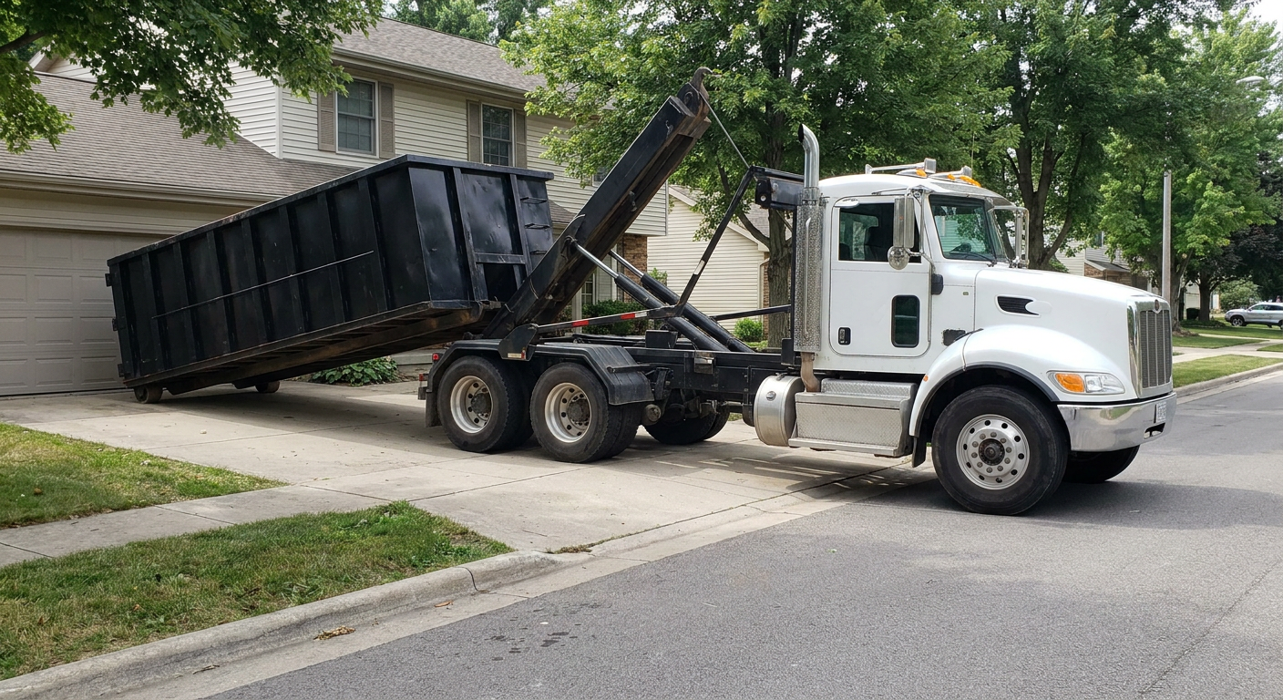 White-cab hooklift roll-off truck actively lowering a matte-black dumpster onto a Orinda residential concrete driveway, the dumpster's rear wheels touching the driveway as the hoist arm tilts the bed forward, mid-morning daylight.