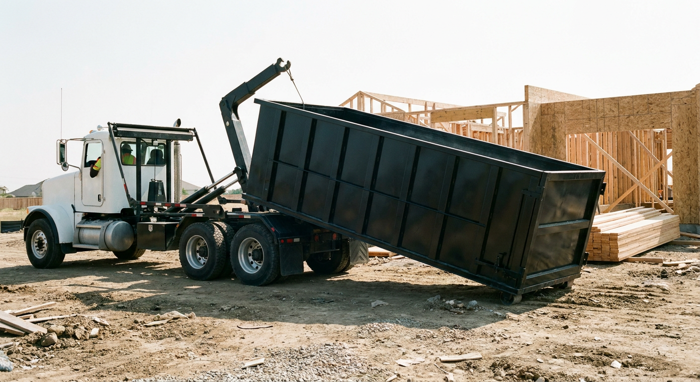 Matte-black roll-off dumpster being delivered onto a clean residential concrete driveway in Orinda by an unmarked white hooklift hauler truck, bright morning daylight, documentary 35mm perspective.